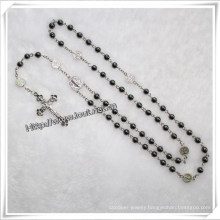 Black Round Hematite Bead Rosary with Satin Papal Crucifix (IO-cr027)